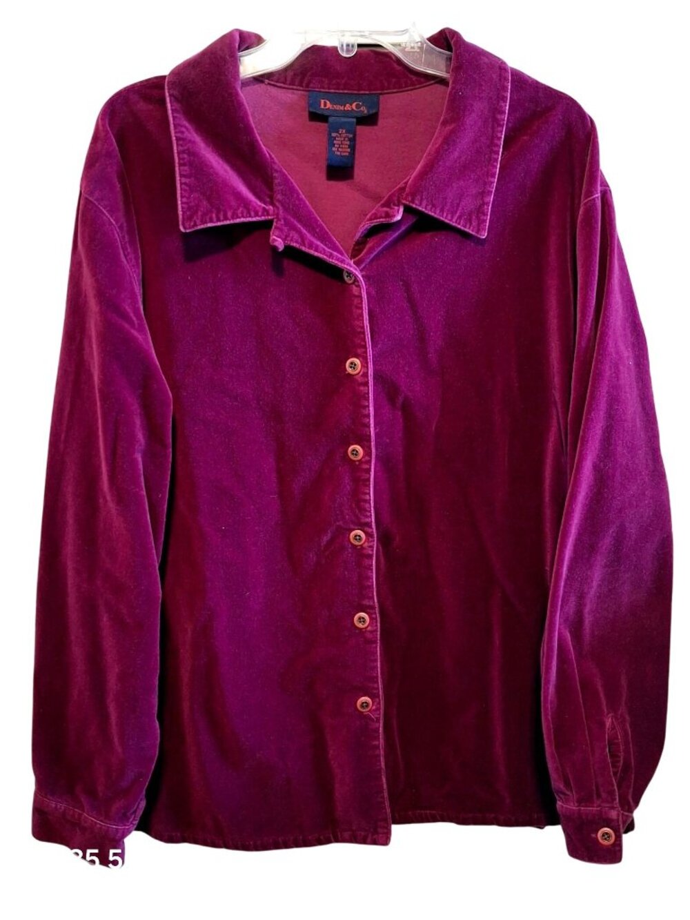 Vintage Denim & Co. Womens 2X Button-Down Velvet Long Sleeve Shirt Fuchsia 90's